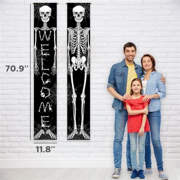 11.8"x70.9" 2PCS Halloween Skeleton Porch Sign for Day of The Dead Skull Welcome - Picture 4 of 4